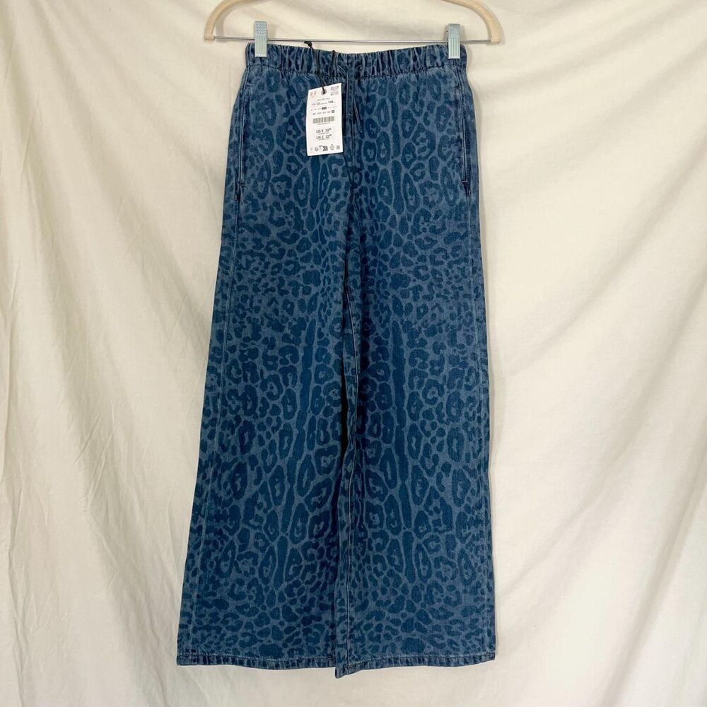 NWT Zara Animal Print Wide-Leg Jeans blue wash tonal leopard pattern 11 - 12 Y